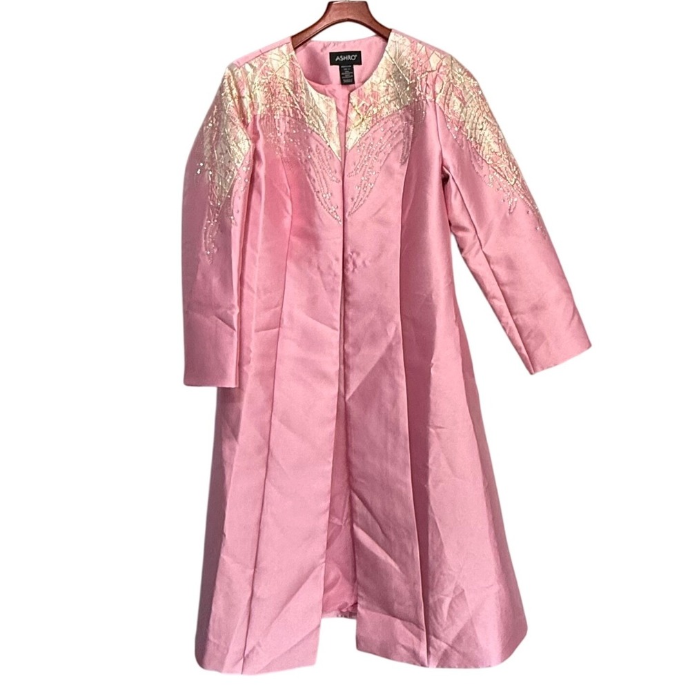 Ashro Pink Satin Duster Jacket wedding church Embroidered Formal Coat Womens 12